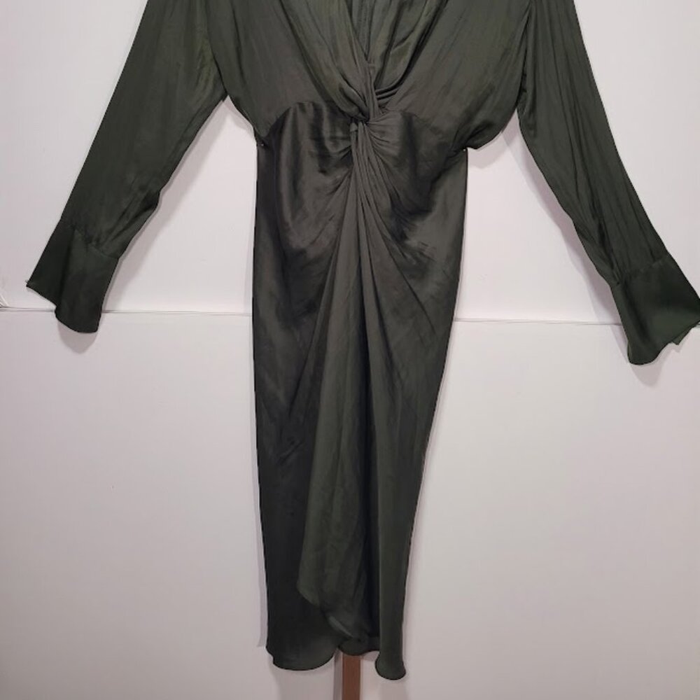 NWT Zadig & Voltaire Gathered Long Sleeve Satin Dress - Khaki L - Picture 3 of 13